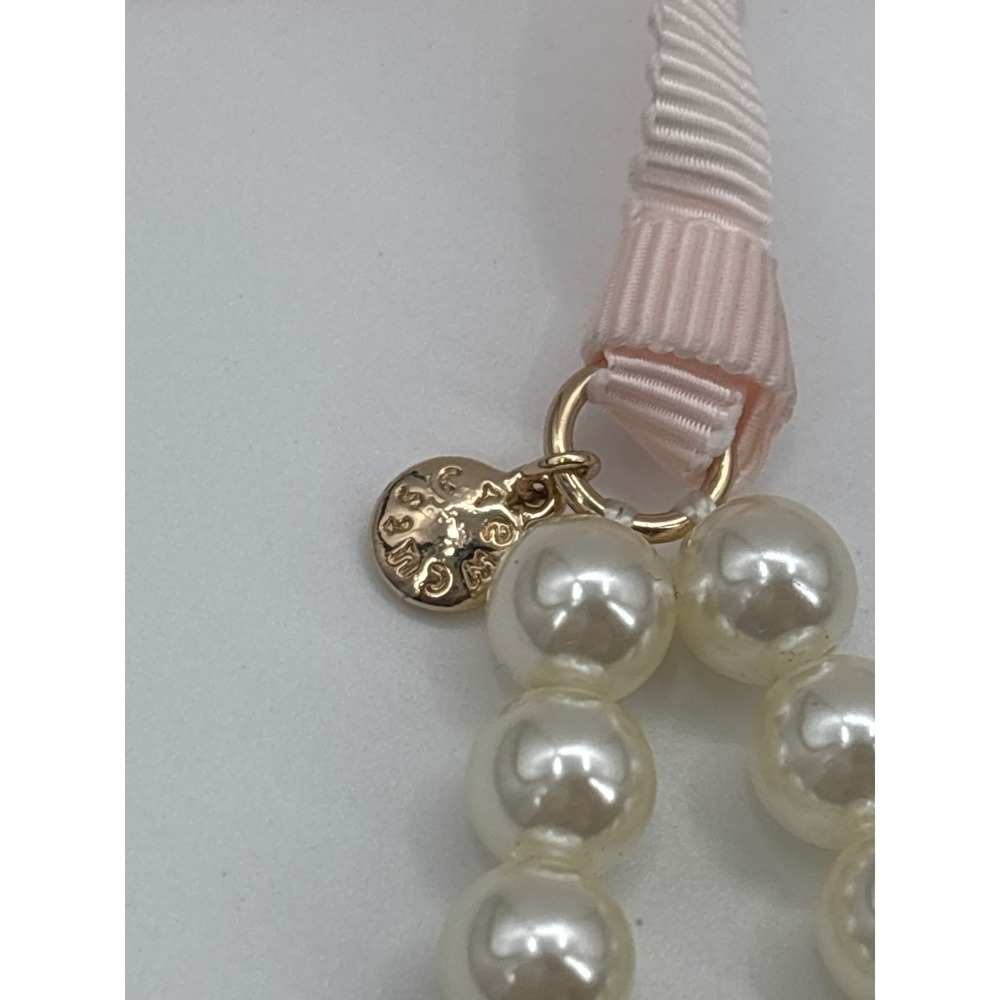 J Crew Factory Girls Two Strand Pearl Necklace Pink Ribbon Clasp Gold Tone Charm - Picture 2 of 3